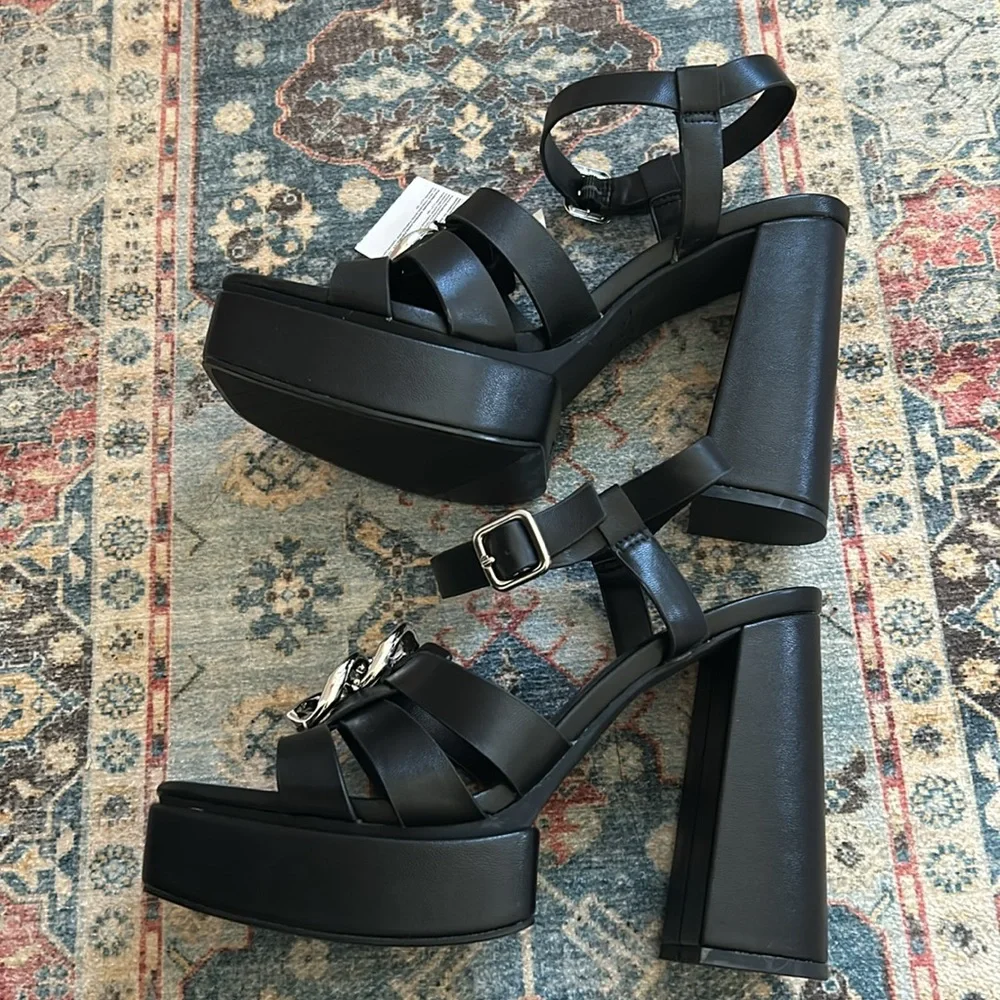 Zara Black Silver Chain Detail Chunky High Heel Platform Sandals Size 40 (US 9)